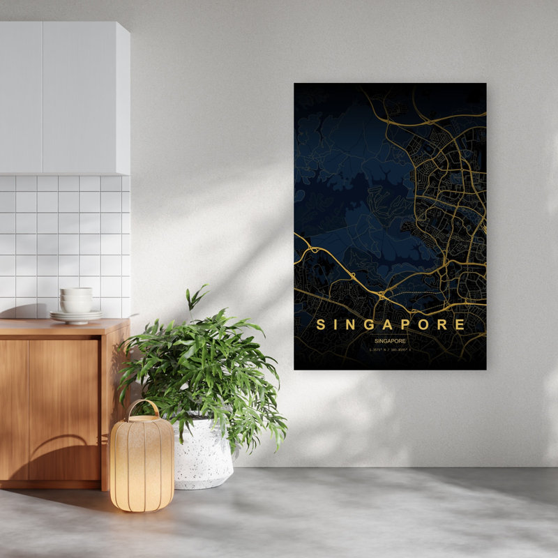 Singapore Urban Map Abstract Modern City Landscape Wall Art Print 1 Piece Wrapped Canvas Wall Art, 152.4cm H x 101.6cm W