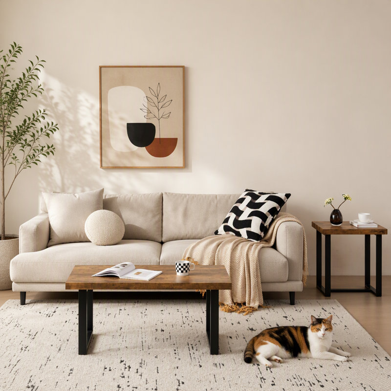 Modern Walnut End Table, Small MDF Accent Side Table with Black Metal Legs, Mid-Century Bedside Nightstand for Living Room & Bedroom