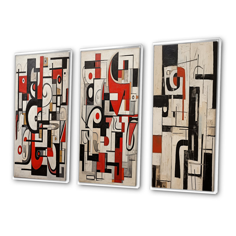 Urban Passion abstrait rouge noir blanc I - ensemble d'art géométrique moderne de 3 pièces, Cadre flottant blanc