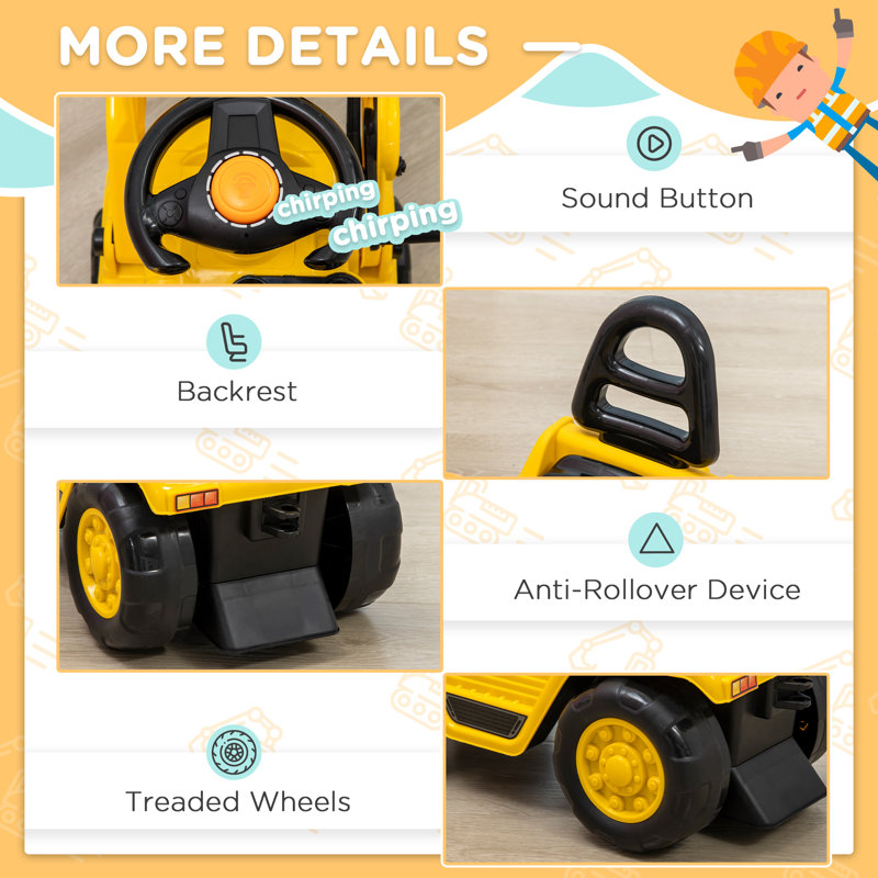 Yellow Kids Excavator Ride-On with Treaded Wheels
