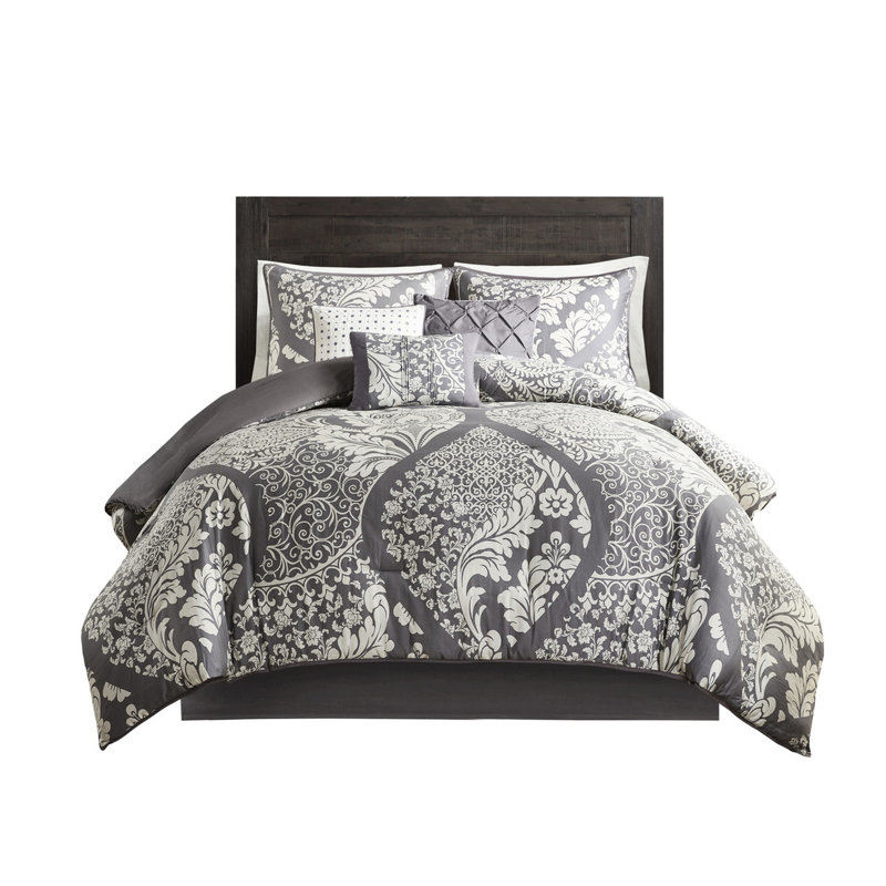 Édredon gris grand, 7 pièces, coton, complexe, coussins décoratifs avec manipulation de tissu, imprimé, revers uni, rembourrage, literie lavable à la machine