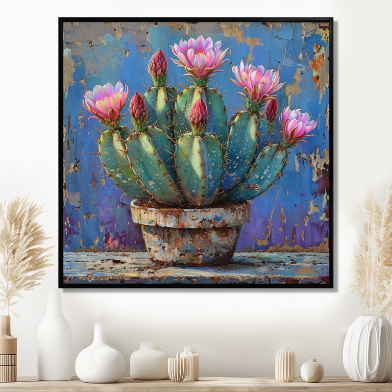 Cactus rose en poterie du désert - impression d'art mural cactus floral, H 44 po x l 44 po, Toile avec cadre flottant noir