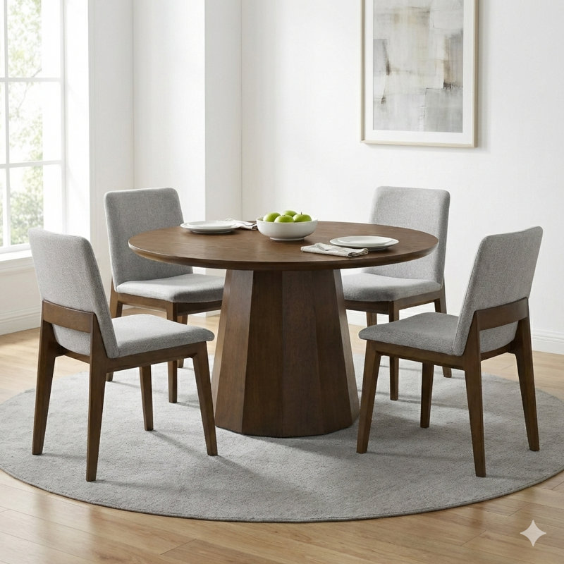 5-Piece Round Dining Set, Seats 4, 47.2" Pedestal Dining Table & 4 Tall-Back Grey Upholstered Chairs