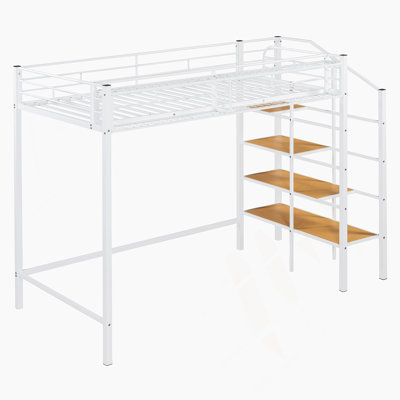 Lit mezzanine en métal avec grille de rangement supérieure et échelle de rangement latérale Kinnelon, blanc