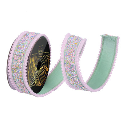  1.5" x 10yd Frosty Mint Dupion Wire Ribbon with Mini Pink, Blue, Yellow, and White Iridescent Sequin Center and Pink Pom Pom Trim. Frosty Mint Dupion Backing.