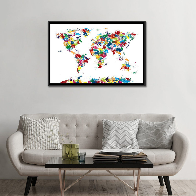 'World Map Paint Drops' Graphic Art on Canvas, 18" H x 26" W x 1.5" D, Black Framed Canvas, No Mat