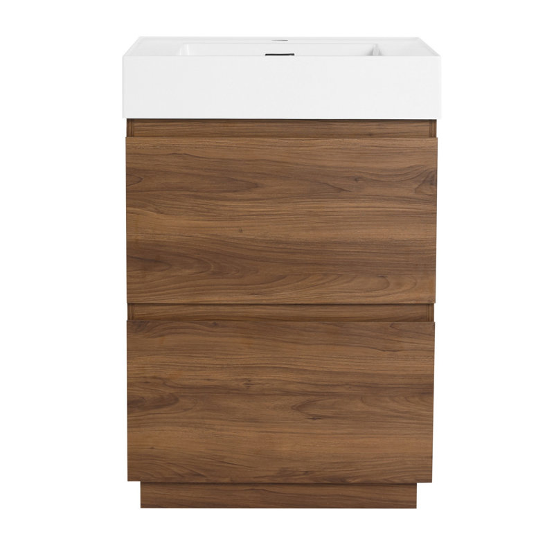 Meuble-lavabo avec lavabo simple, meuble-lavabo autoportant avec tiroir double, meuble-lavabo moderne avec rangement, Brun
