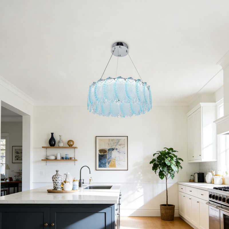 Lustre moderne en cristal rayé bleu turquoise avec source de lumière DEL intégrée