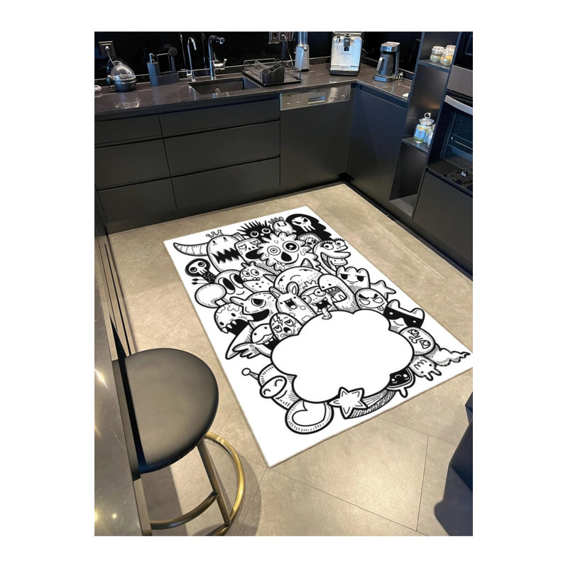 Tapis intérieur / extérieur noir abstrait, Rectangle 4' x 6'