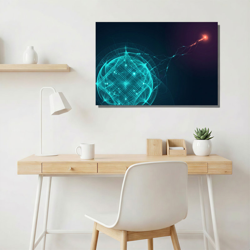 Art mural futuriste sur toile filaire cyan se connectant à un orbe orange, H 28 po x l 40 po