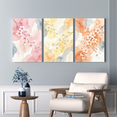 Aquarelle, fleur de cerisier, art floral sur toile, ensemble de 3 reproductions de peinture à l'huile pour salon