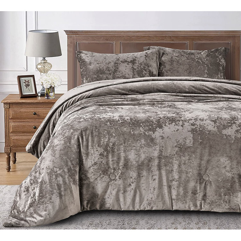 Lux Distressed Velvet Reversible Comforter Set, Gray, King Comforter + 2 King Shams