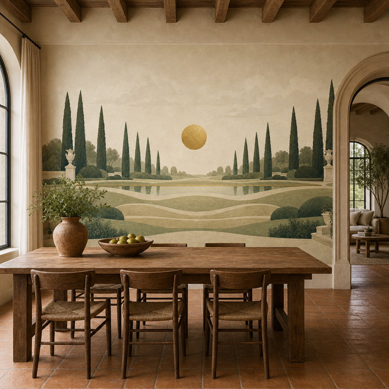 Papier peint mural paysage, jardin formel, villa méditerranéenne, 160"x108", Non-Woven Nonpasted