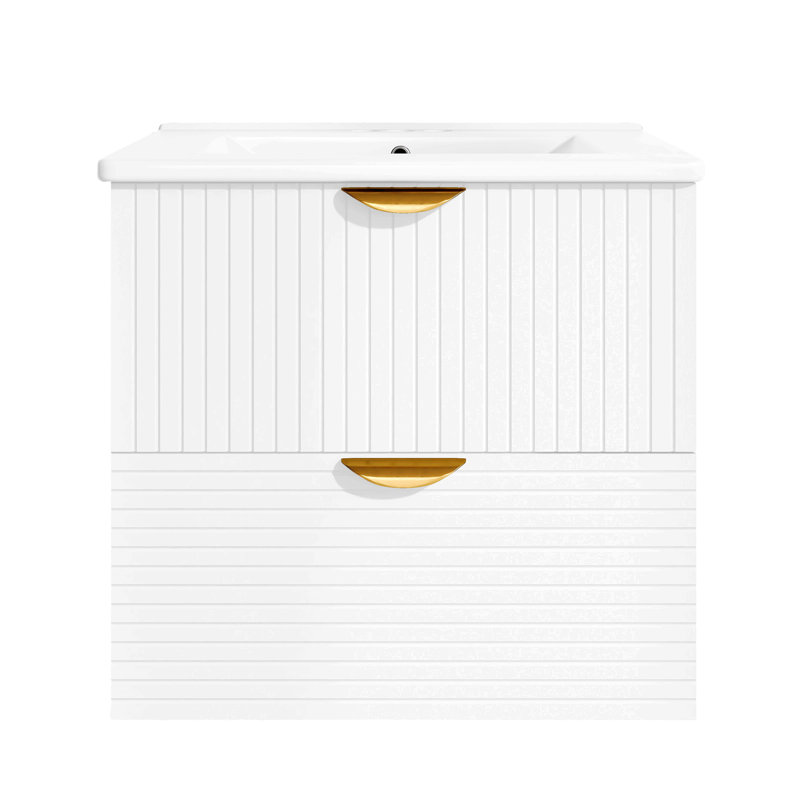 Meuble-lavabo mural moderne de 24 pouces avec 2 tiroirs, idéal pour les petites salles de bain, Blanc