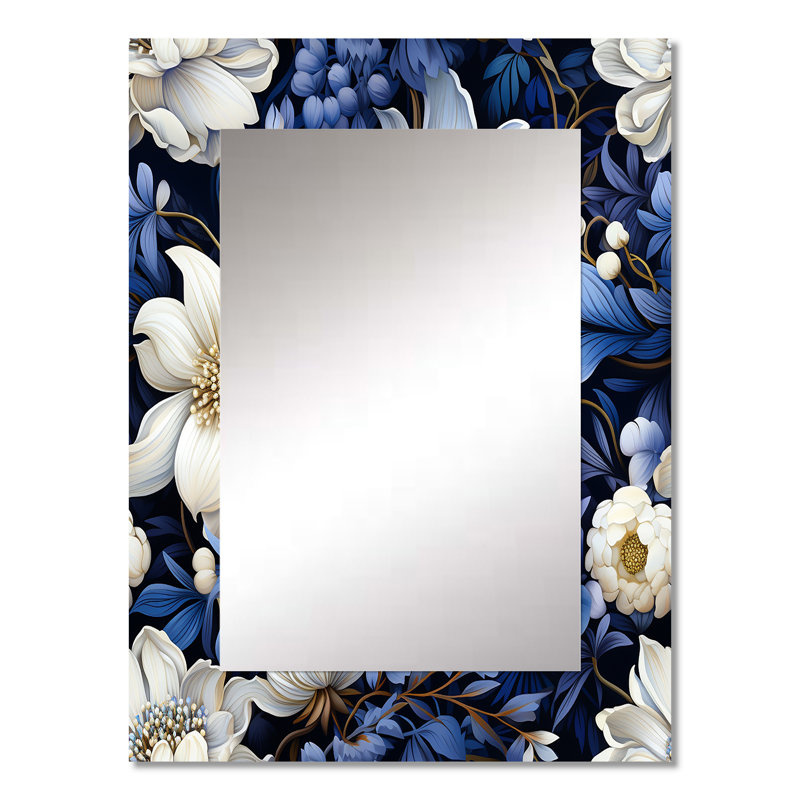 Fleurs indigo foncé au clair de lune - miroir mural botanique, miroir décoratif bohème, impression d'art en métal