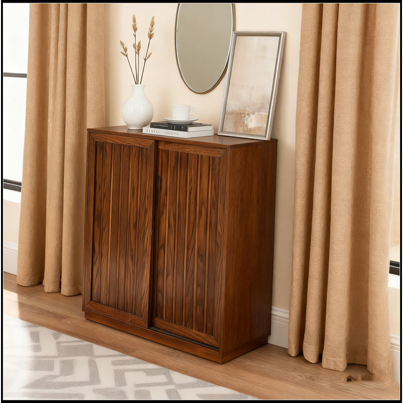 Sideboard With 2 Sliding Door & Solid Wood Decorative Strips, Storage Cabinet For Living Room, Kitchen, Dining, Entryway, Hallway