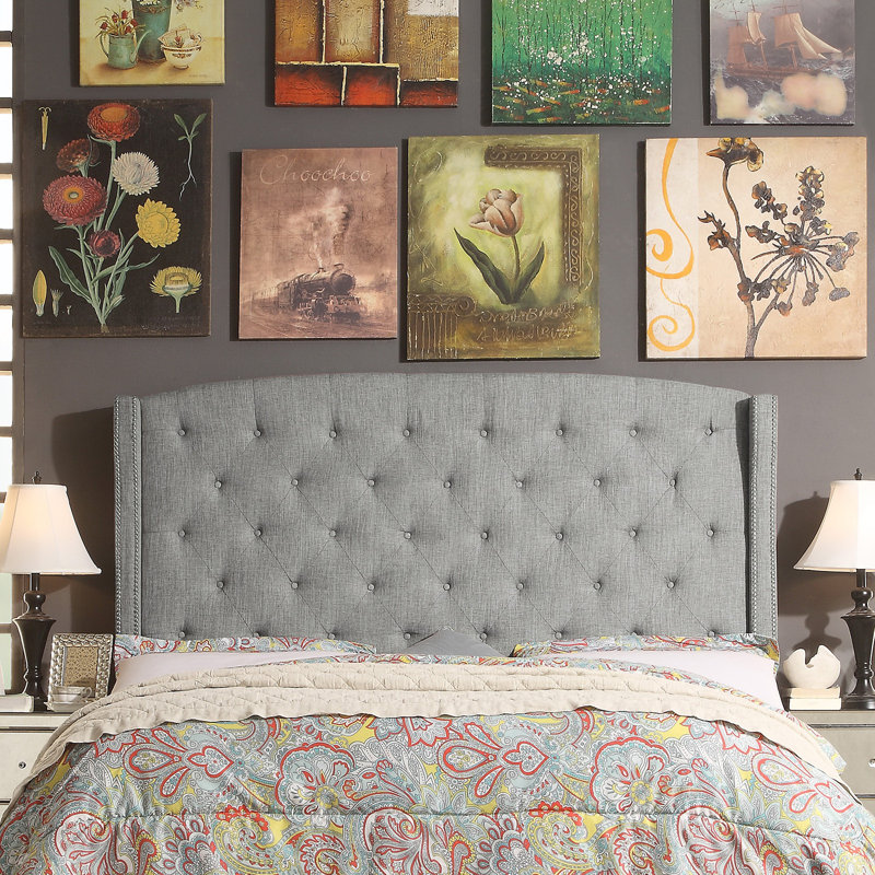 Floria Linen Solid Wood Wingback Headboard, Queen, Gray