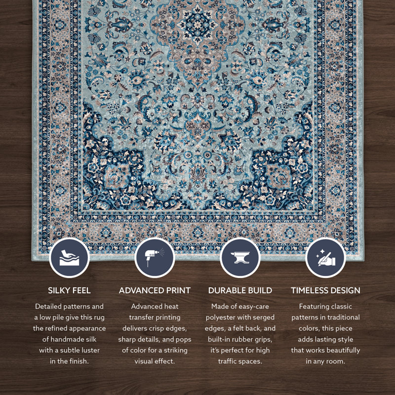 Emanuel Traditional Machine Woven Flatweave Light Blue and Blue Area Rug with Non Skid Backing , Rectangle 6'7" x 9'7"