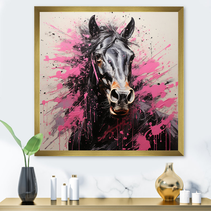 Black Pink Horse Vibrant Equine Pointillism - Animals Canvas Art Print, H 36 po x l 36 po x P 1,5 po, Encadrement doré