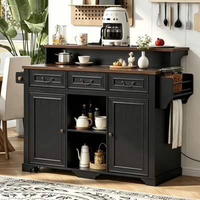Farmhouse 53.2" Kitchen Island With Power Outlet, Rolling Island Table, Bar Cabinet With Storage 4 Door Shelves And 3 Drawers