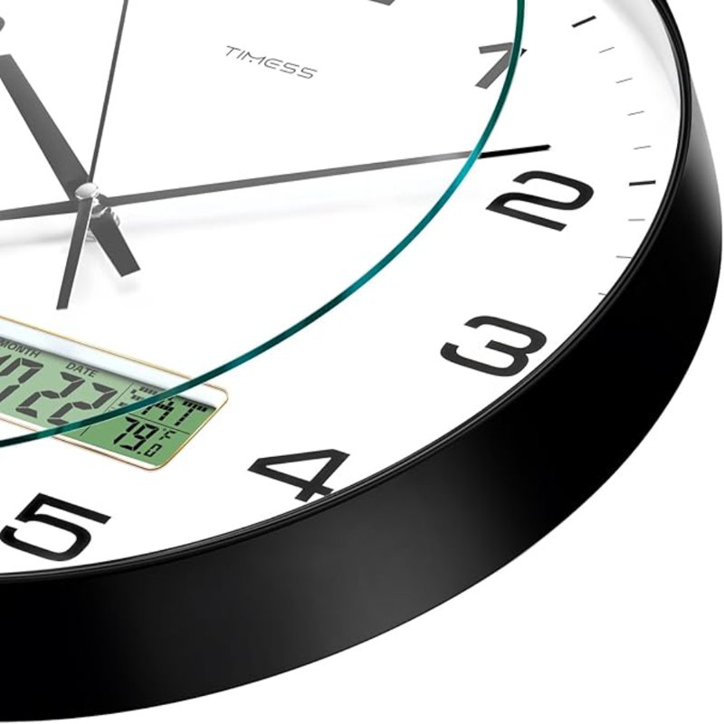 Horloge murale, cadran 12 po, analogique à pile, silencieux, avec affichage à cristaux liquides pour calendrier perpétuel et température F °, idéal pour maison moderne, chambre à coucher, cuisine, bureau (noir)
