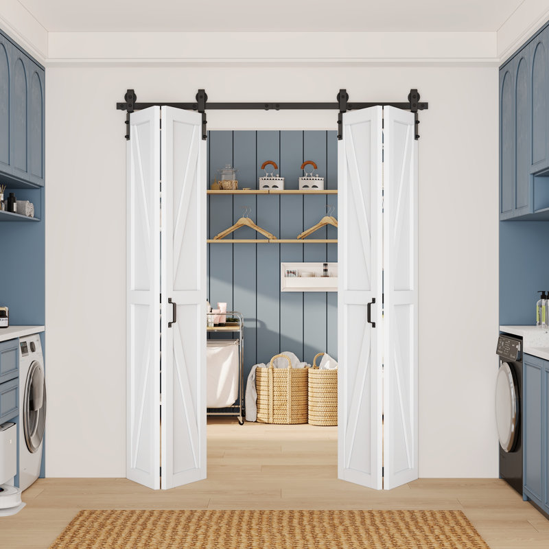 Porte de grange double en bois à double panneau avec trousse de quincaillerie d'installation, 64 po x 84 po