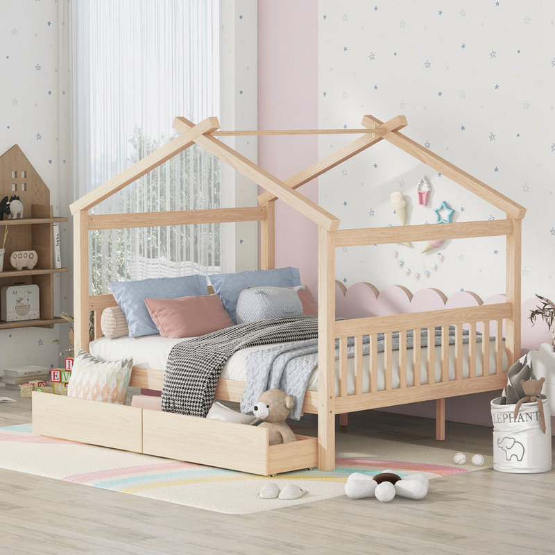 Pittston 2-Drawer Standard Bed Wooden House Bed, Natural, Full