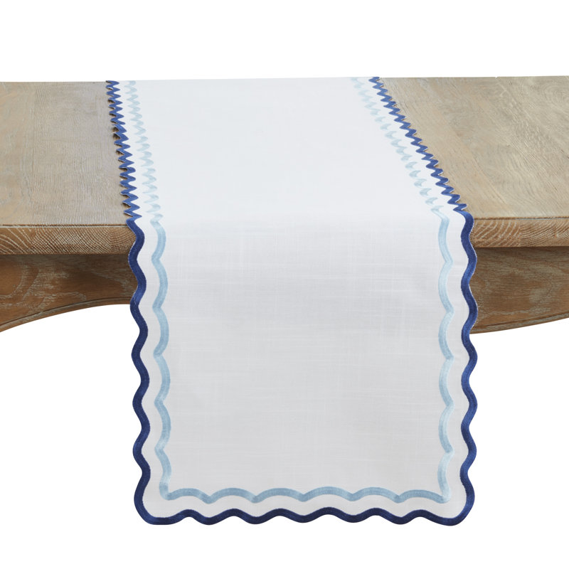 Chemin de table Scalloped Border - Chemin de table élégant avec bords festonnés brodés, Bleu