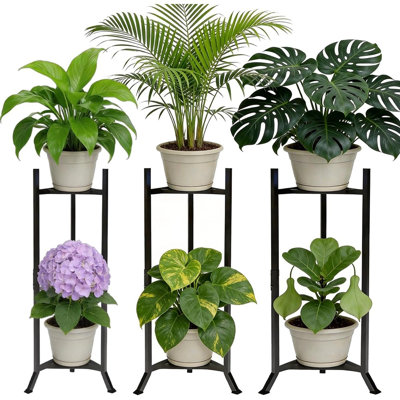 Support pour plante haut en métal noir à 2 niveaux, support pour plante robuste et réglable pour patio extérieur, balcon, jardin et décoration intérieure