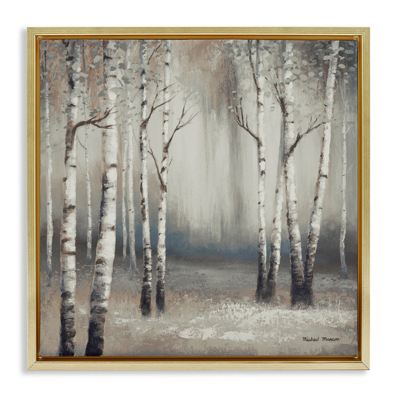 "Misty Birch Tree Forest Landscape", art mural sur toile flottante par Michael Marcon, Cadre flottant métallique doré