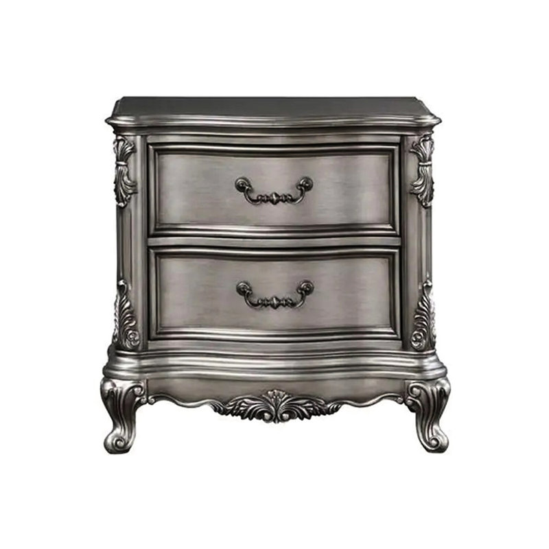 Table de chevet avec 2 tiroirs - finition argent antique, fonction d'arrêt dans les éléments carrés et ronds,