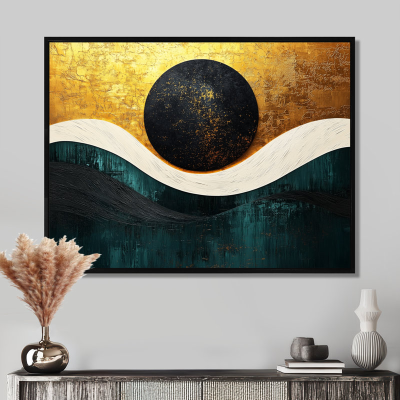 Lune sans limite dorée et noire - rêverie géométrique abstraite, H 12 po x l 20 po, Floater Framed, Noir