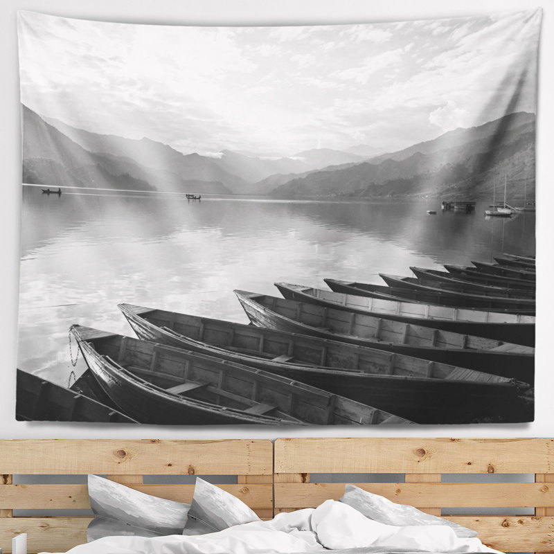 Bateaux tapissés sur la tapisserie du lac Pokhara, H 32 po x l 39 po