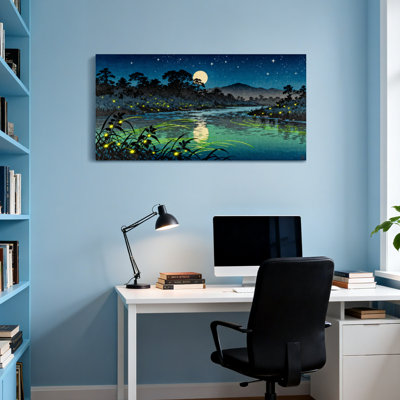 Paysage et nature rivière au clair de lune avec lucioles et étoiles