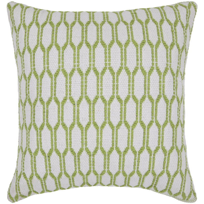 Wool Removable Cover Pillow Throw Authentic Handmade Square Polyester Fill Green & White Non-Reversible Raised Geometric Trellis With White Cotton Backing