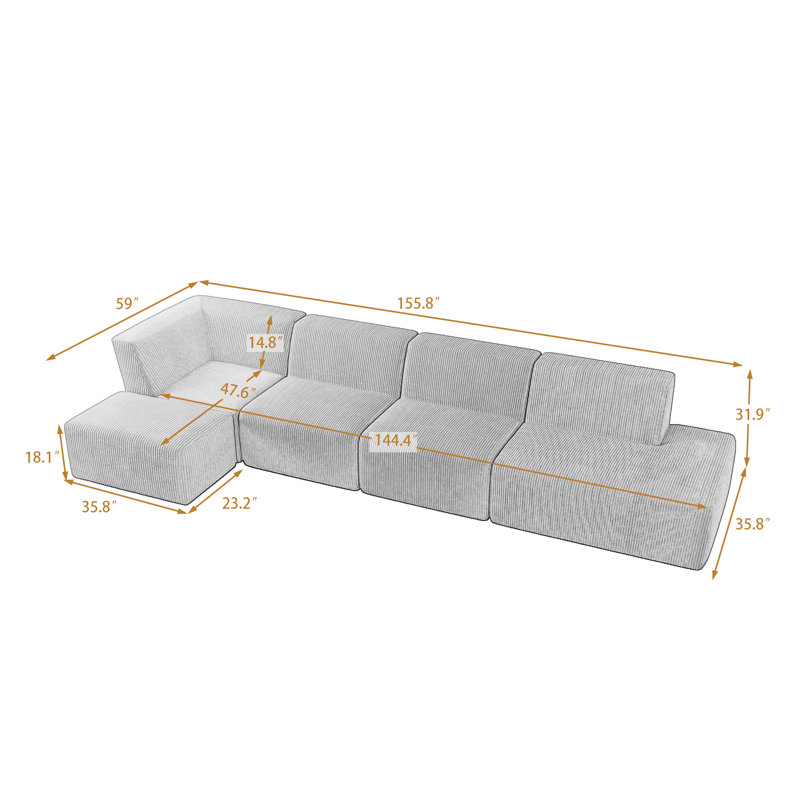 Berlare Boneless Upholstered Compression Corduroy Modular Sectional Sofa Set with Removable Ottoman – Fully Compressed, No Assembly Required