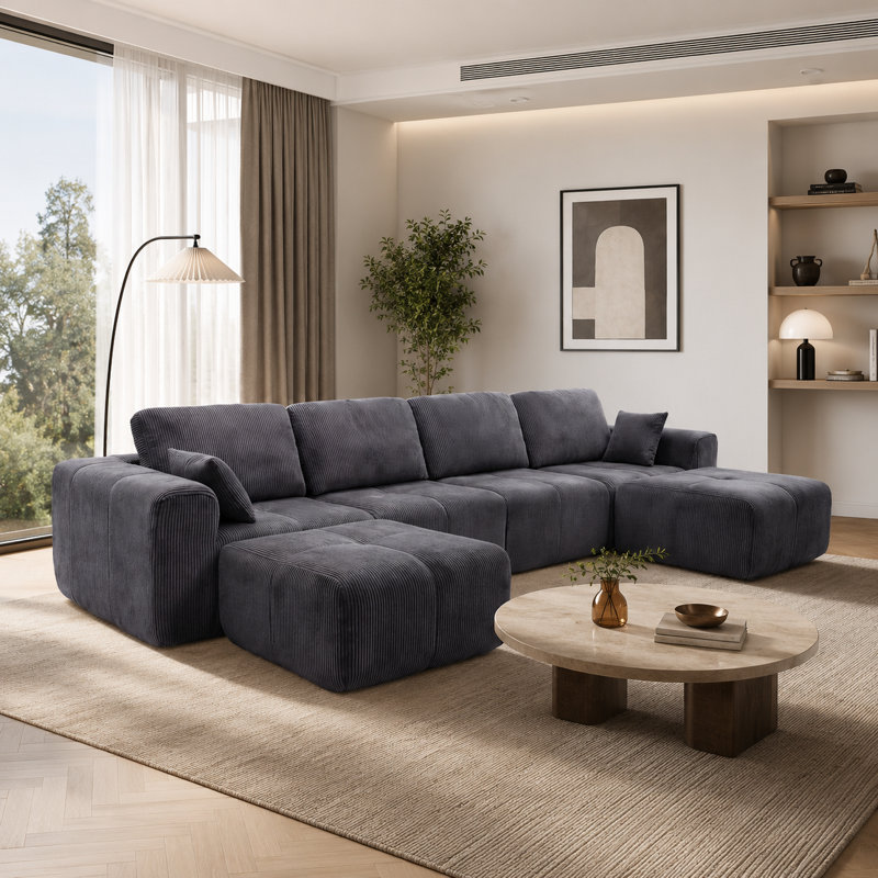 Boneless 150" Tufted Corduroy Modular Sectional Sofa with Ottomans, 6-Piece Set, Gray, 31.1" H x 149.6" W x 74.8" D