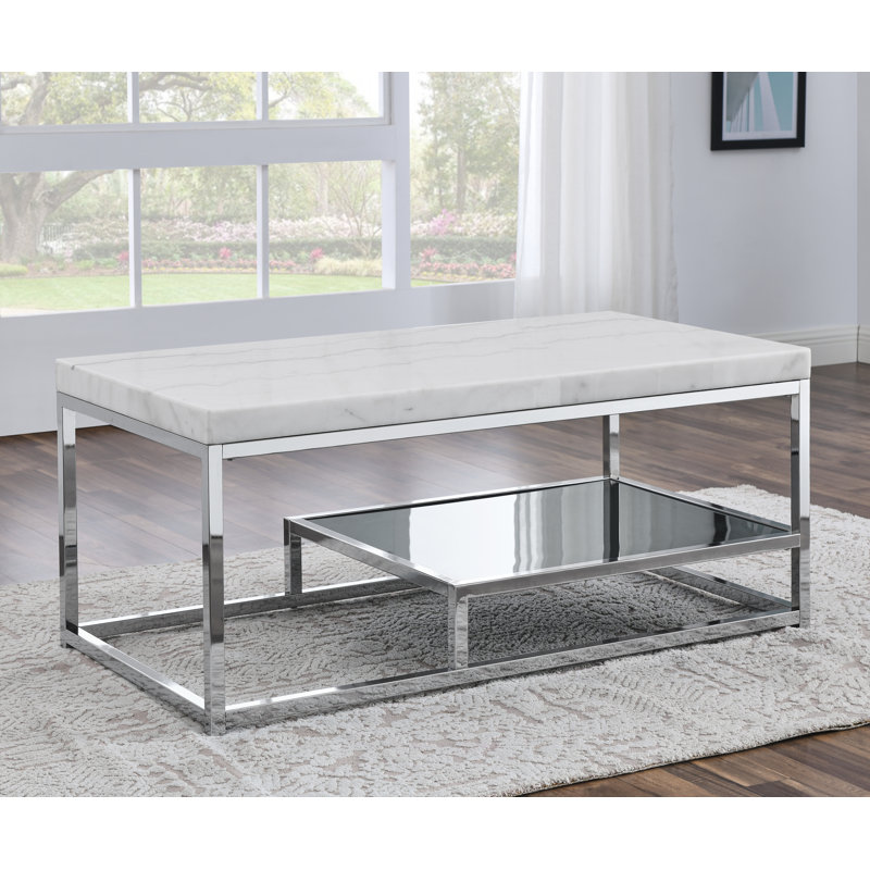 Rectangular Silver Marble and Glass Coffee Table with Storage