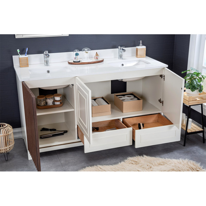 Ensemble de meuble-lavabo double 59 po avec miroir Cleada, Crème / brun