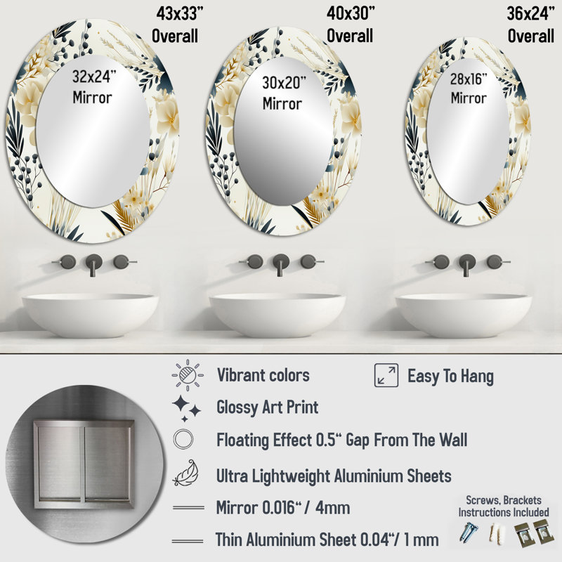 Neutre gris Accents de fleurs - Miroir décoratif floral ovale sur métal, H 43 po x l 33 po