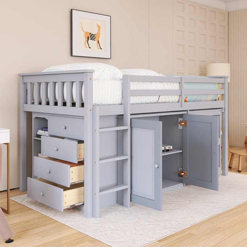 Lit mezzanine simple à structure en bois avec armoire de rangement, tiroir et bureau coulissant, Gris