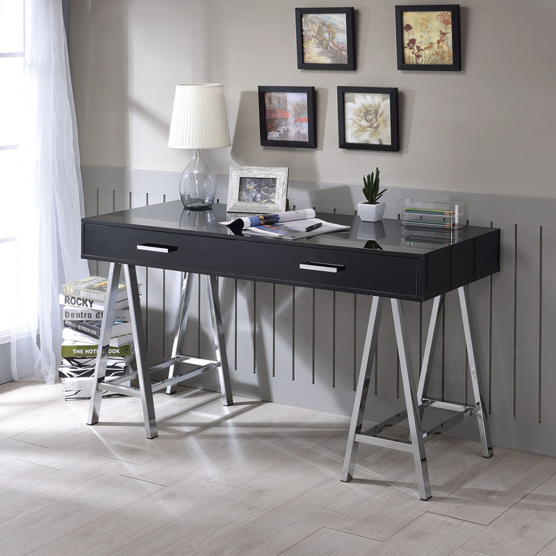 Bureau d'écriture 2 tiroirs avec base en métal noir brillant et chrome