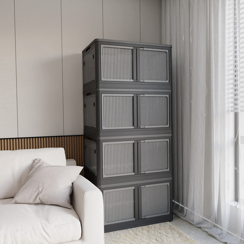 Ensemble de 4 bacs de rangement empilables transparents avec 5 portes à ouvrir avec roulettes, grande boîte de rangement en plastique