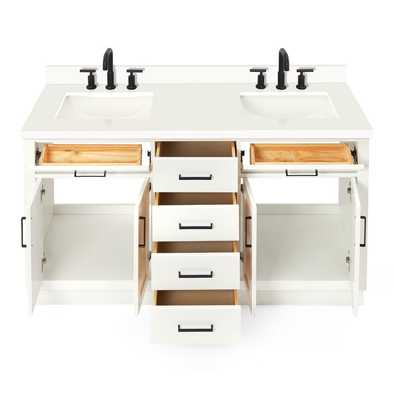 Meuble-lavabo double en bois massif Tidworth avec plateau en quartz blanc de 1,5 po, Blanc / noir mat, Forme rectangulaire