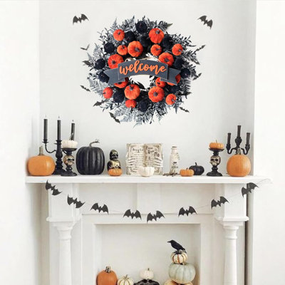 Couronne de citrouilles en velours de 56 cm (22 pouces) pour l'Halloween, citrouilles orange et noires pour porte d'entrée, décoration intérieure et extérieure, panneau de bienvenue automnal pour la maison
