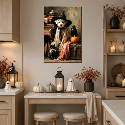 Art mural d'automne d'Halloween, décoration murale de photos d'Halloween, art mural sur toile d'Halloween avec un chien de sorcière douillet, style rétro gothique, toile tendue pour le salon ou l'entrée, 12 po x 18 po