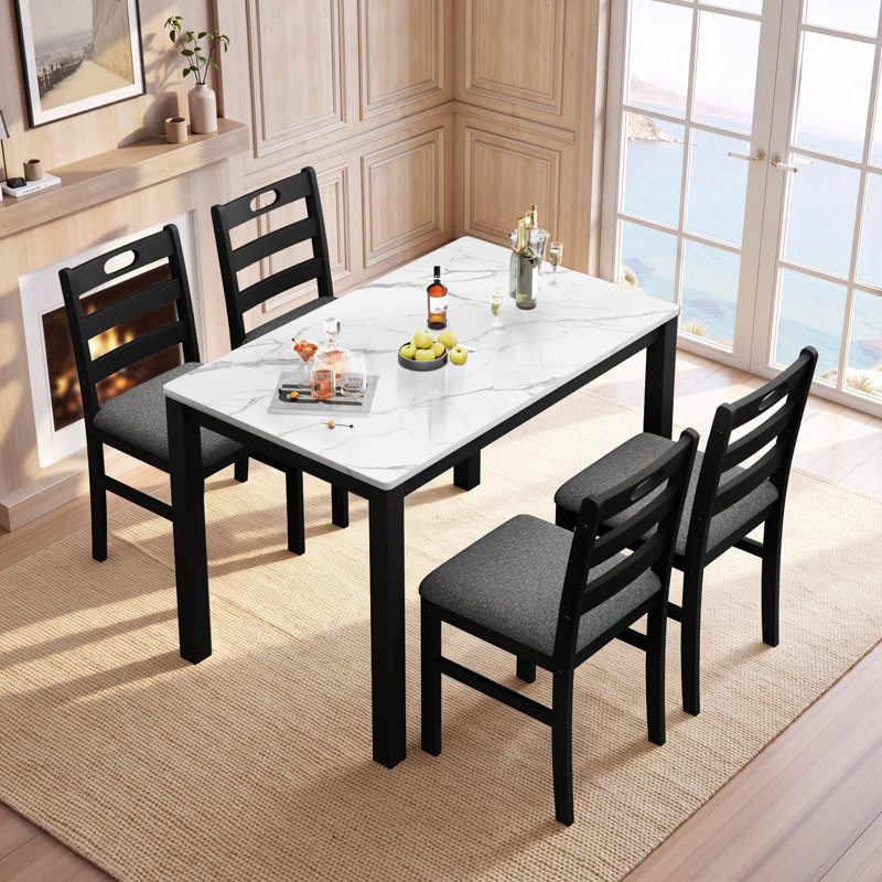 Ensemble de table de salle à manger 5 pièces Modern Farmhouse, Venatino White Marble/Black