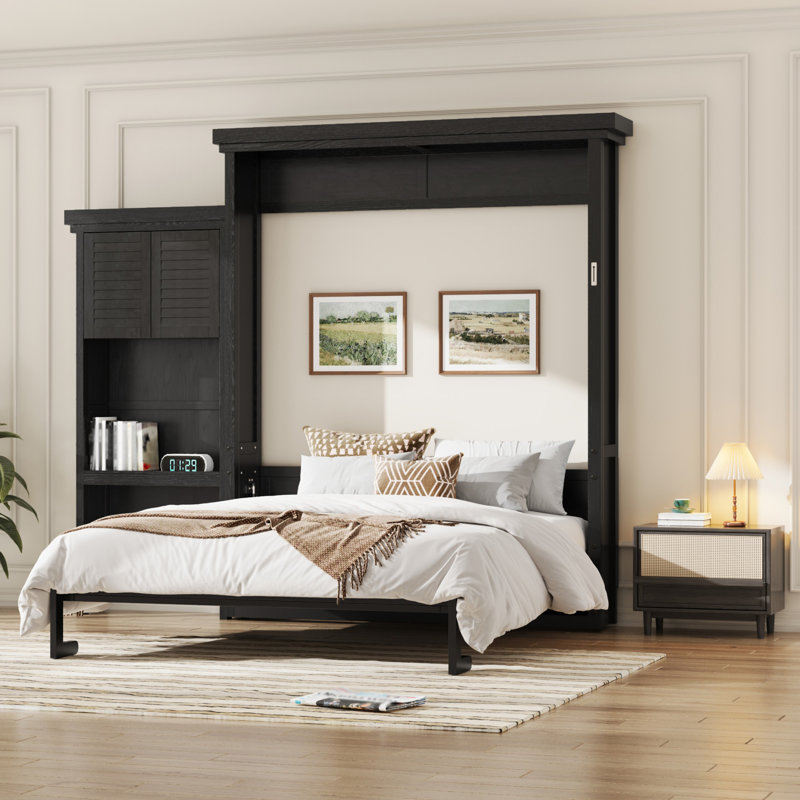 Grand lit escamotable avec tablettes de rangement et lit pliant mural à persiennes noir