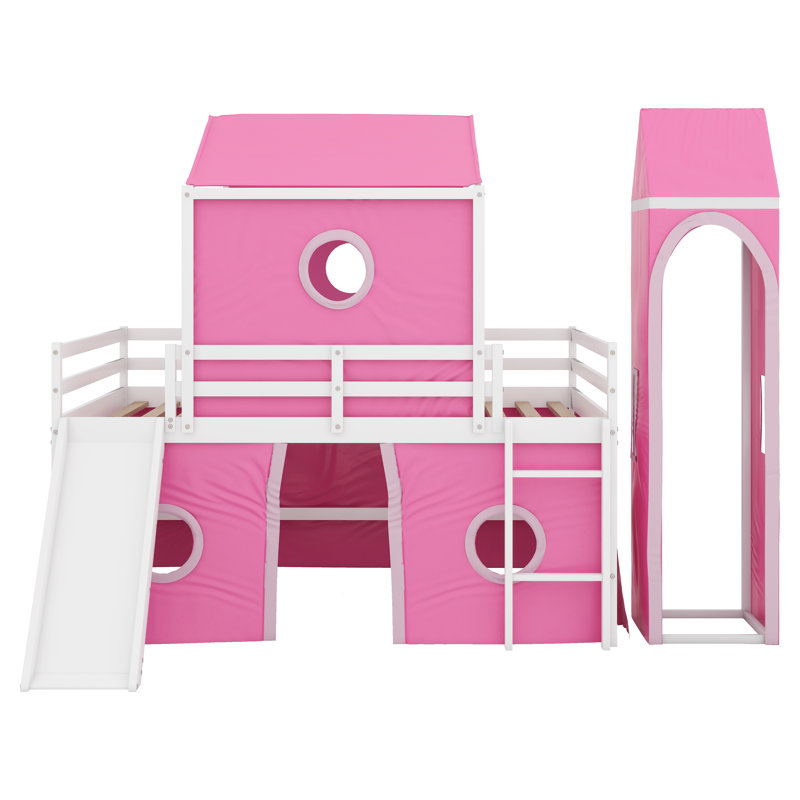Lit superposé pour enfant avec tente coulissante et tour Messerly, Double, Rose