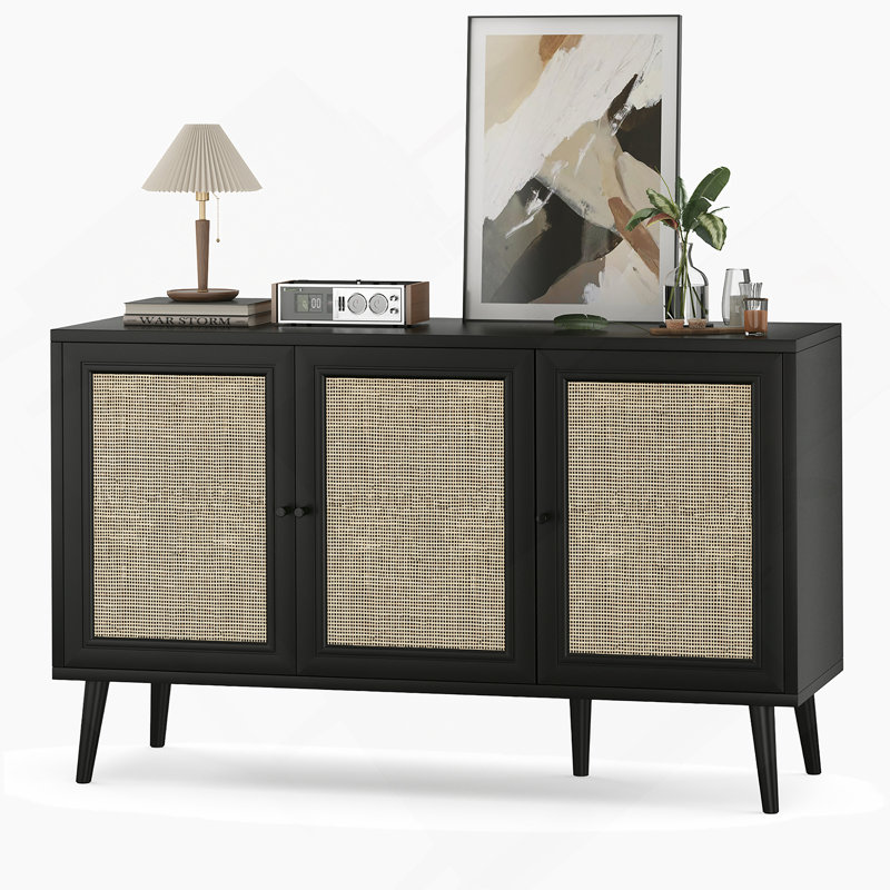 Buffet buffet avec 3 portes en rotin, console de rangement pour l'intérieur, Noir